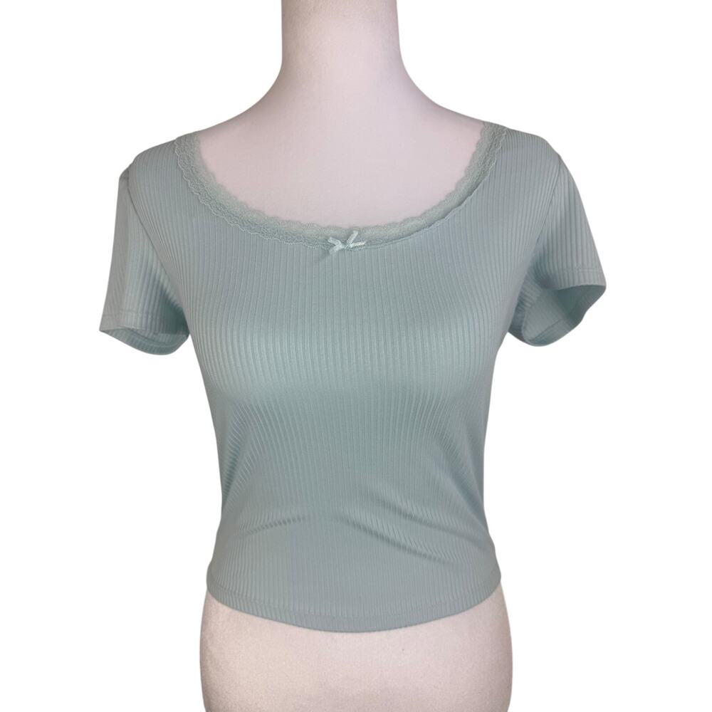 Wild Skye Womens Lace Trim Bow Scoop Neck Rib Light Blue Short Sleeve Top Medium